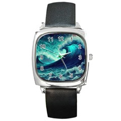 Ai Generated Waves Ocean Sea Tsunami Nautical Fantasy Square Metal Watch by Ravend