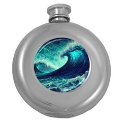 Ai Generated Waves Ocean Sea Tsunami Nautical Fantasy Round Hip Flask (5 Oz) by Ravend