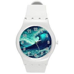 Ai Generated Waves Ocean Sea Tsunami Nautical Fantasy Round Plastic Sport Watch (m) by Ravend