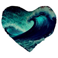 Ai Generated Waves Ocean Sea Tsunami Nautical Fantasy Large 19  Premium Heart Shape Cushions by Ravend