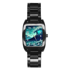 Ai Generated Waves Ocean Sea Tsunami Nautical Fantasy Stainless Steel Barrel Watch by Ravend