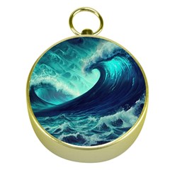 Ai Generated Waves Ocean Sea Tsunami Nautical Fantasy Gold Compasses by Ravend