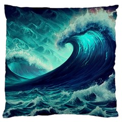 Ai Generated Waves Ocean Sea Tsunami Nautical Fantasy Large Premium Plush Fleece Cushion Case (two Sides) by Ravend