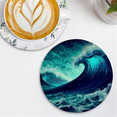 Ai Generated Waves Ocean Sea Tsunami Nautical Fantasy Uv Print Round Tile Coaster by Ravend