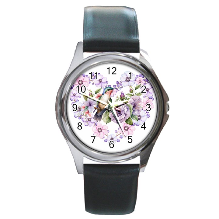 Hummingbird in floral heart Round Metal Watch