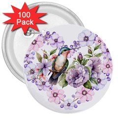 Hummingbird In Floral Heart 3  Buttons (100 Pack)  by augustinet