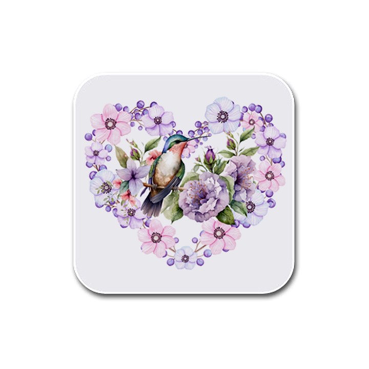 Hummingbird in floral heart Rubber Square Coaster (4 pack)