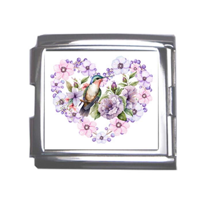 Hummingbird in floral heart Mega Link Italian Charm (18mm)