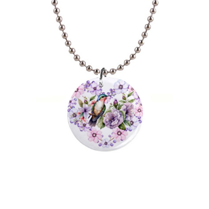 Hummingbird in floral heart 1  Button Necklace