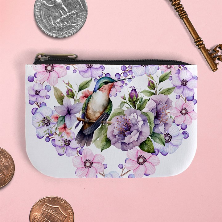 Hummingbird in floral heart Mini Coin Purse