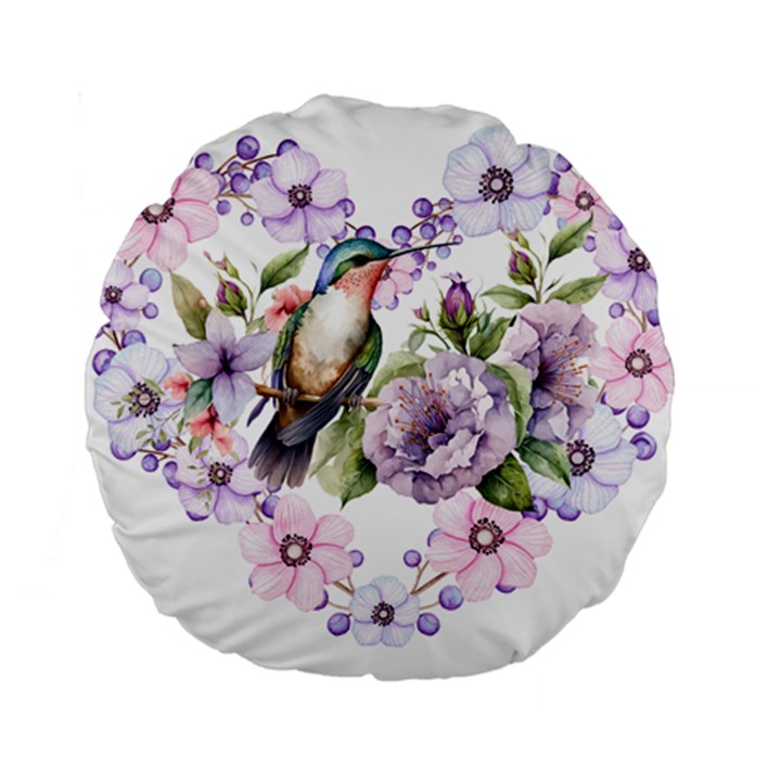 Hummingbird in floral heart Standard 15  Premium Round Cushions