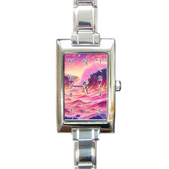 Ai Generated Waves Ocean Sea Tsunami Nautical Red Yellow Rectangle Italian Charm Watch by Ravend