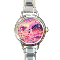 Ai Generated Waves Ocean Sea Tsunami Nautical Red Yellow Round Italian Charm Watch by Ravend