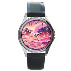 Ai Generated Waves Ocean Sea Tsunami Nautical Red Yellow Round Metal Watch by Ravend