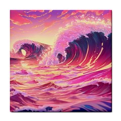 Ai Generated Waves Ocean Sea Tsunami Nautical Red Yellow Tile Coaster by Ravend