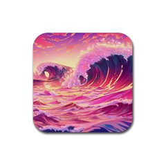 Ai Generated Waves Ocean Sea Tsunami Nautical Red Yellow Rubber Coaster (square) by Ravend