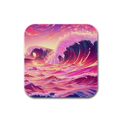 Ai Generated Waves Ocean Sea Tsunami Nautical Red Yellow Rubber Square Coaster (4 Pack) by Ravend