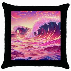 Ai Generated Waves Ocean Sea Tsunami Nautical Red Yellow Throw Pillow Case (black) by Ravend