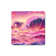 Ai Generated Waves Ocean Sea Tsunami Nautical Red Yellow Square Magnet by Ravend