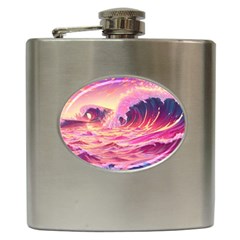 Ai Generated Waves Ocean Sea Tsunami Nautical Red Yellow Hip Flask (6 Oz) by Ravend