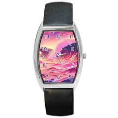 Ai Generated Waves Ocean Sea Tsunami Nautical Red Yellow Barrel Style Metal Watch by Ravend