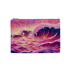 Ai Generated Waves Ocean Sea Tsunami Nautical Red Yellow Cosmetic Bag (medium) by Ravend