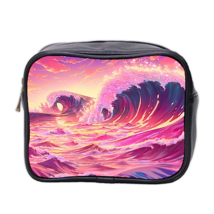 Ai Generated Waves Ocean Sea Tsunami Nautical Red Yellow Mini Toiletries Bag (Two Sides)