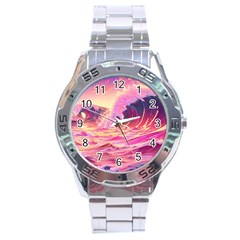 Ai Generated Waves Ocean Sea Tsunami Nautical Red Yellow Stainless Steel Analogue Watch by Ravend