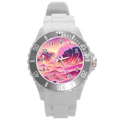 Ai Generated Waves Ocean Sea Tsunami Nautical Red Yellow Round Plastic Sport Watch (l) by Ravend