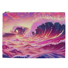 Ai Generated Waves Ocean Sea Tsunami Nautical Red Yellow Cosmetic Bag (xxl) by Ravend