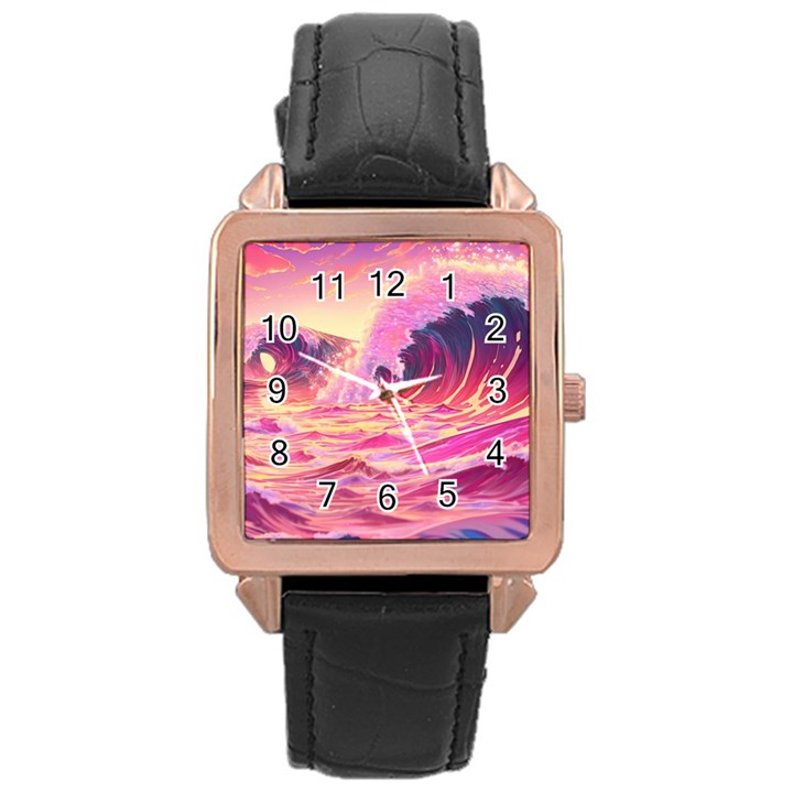 Ai Generated Waves Ocean Sea Tsunami Nautical Red Yellow Rose Gold Leather Watch 