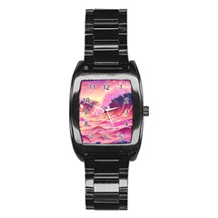 Ai Generated Waves Ocean Sea Tsunami Nautical Red Yellow Stainless Steel Barrel Watch by Ravend