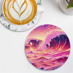 Ai Generated Waves Ocean Sea Tsunami Nautical Red Yellow Uv Print Round Tile Coaster by Ravend