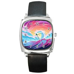 Ai Generated Waves Ocean Sea Tsunami Nautical Square Metal Watch by Ravend