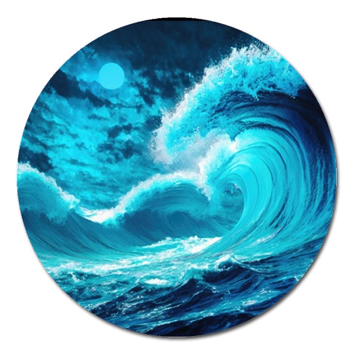 Ai Generated Waves Ocean Sea Tsunami Nautical Sea Magnet 5  (Round)