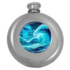 Ai Generated Waves Ocean Sea Tsunami Nautical Sea Round Hip Flask (5 Oz) by Ravend