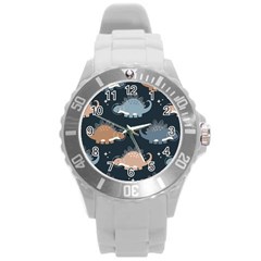 Dino Art Pattern Design Wallpaper Background Round Plastic Sport Watch (l) by Ravend