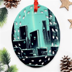 Buildings City Urban Destruction Background Ornament (oval Filigree) by Ravend