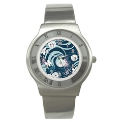 Flowers Pattern Floral Ocean Abstract Digital Art Stainless Steel Watch by Ravend