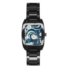 Flowers Pattern Floral Ocean Abstract Digital Art Stainless Steel Barrel Watch by Ravend