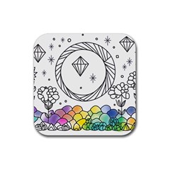 Rainbow Fun Cute Minimal Doodle Drawing Rubber Coaster (square) by Ravend