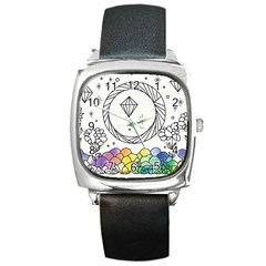 Rainbow Fun Cute Minimal Doodle Drawing Square Metal Watch by Ravend