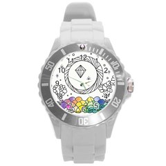 Rainbow Fun Cute Minimal Doodle Drawing Round Plastic Sport Watch (l) by Ravend