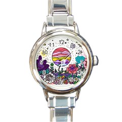 Rainbow Fun Cute Minimal Doodle Drawing Unique Round Italian Charm Watch by Ravend