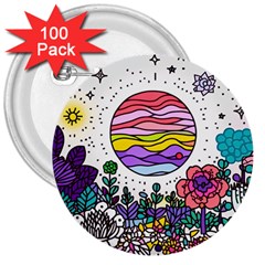 Rainbow Fun Cute Minimal Doodle Drawing Unique 3  Buttons (100 Pack)  by Ravend