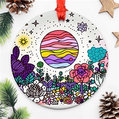 Rainbow Fun Cute Minimal Doodle Drawing Unique Round Ornament (two Sides) by Ravend