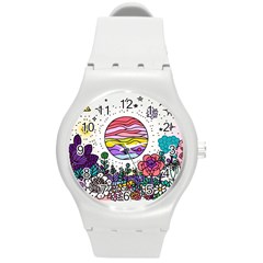 Rainbow Fun Cute Minimal Doodle Drawing Unique Round Plastic Sport Watch (m) by Ravend