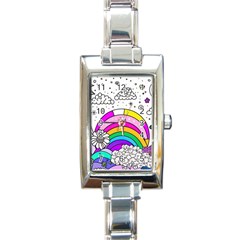 Rainbow Fun Cute Minimal Doodle Drawing Art Rectangle Italian Charm Watch by Ravend