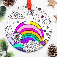 Rainbow Fun Cute Minimal Doodle Drawing Art Ornament (round) by Ravend