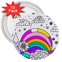 Rainbow Fun Cute Minimal Doodle Drawing Art 3  Buttons (10 Pack)  by Ravend